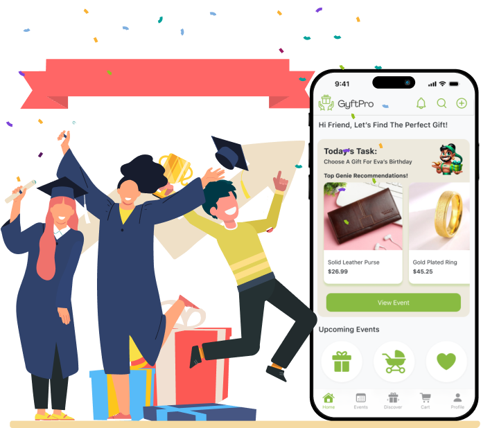 Graduates celebrating beside the GyftPro app