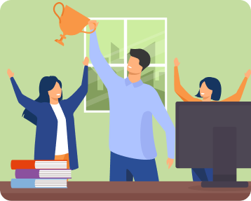 Group celebrating a milestone achievement with a trophy