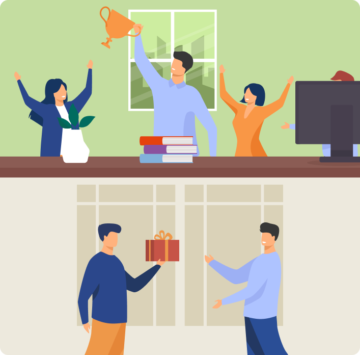 People celebrating a milestone with a trophy and a gift exchange