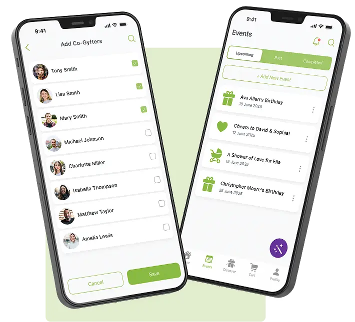App screens for planning milestone gifts with contacts and events